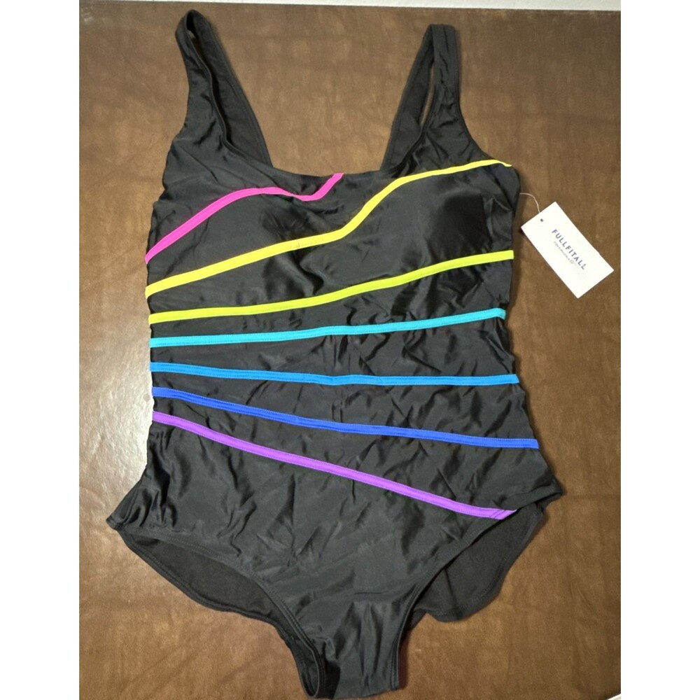 NWT FULLFITALL Black One Piece Swimsuit Neon, Stripe Molded Cup Swimsuit Sz 18